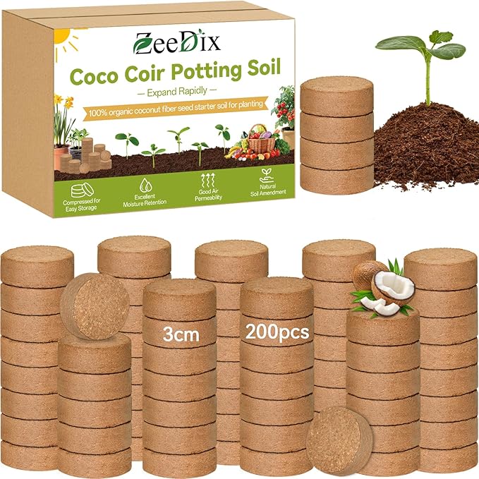 ZeeDix 200 Pack 30mm Organic Coco Coir Seed Starter Pellets, Compressed Coconut Fiber Seed Starter Soil Discs Potting Soil Mix for Indoor Outdoor Plants, Herbs Houseplants Bonsai Vegetables Flowers