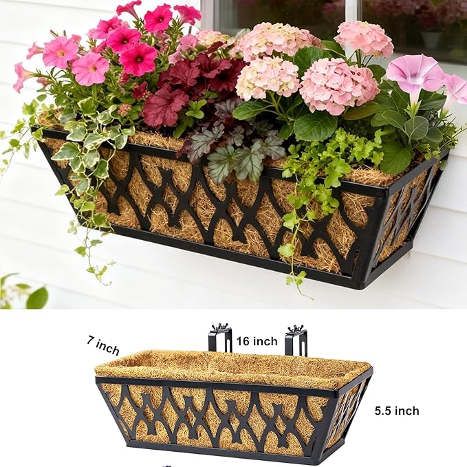 2 Pack 16 Inch Window Boxes Planters Railing Planter Box with Adjustable Brackets for Porch Fence Patio Balcony Hanging Flower Baskets with Coco Liners for Outdoor Garden Decor - Black