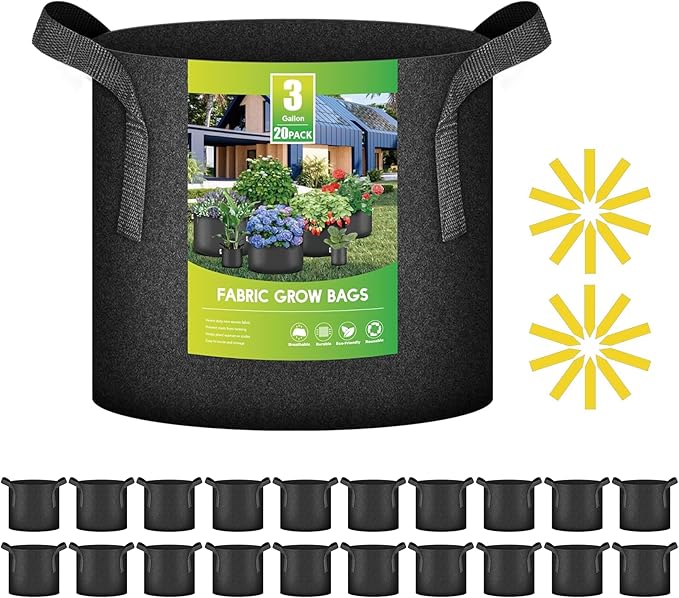 iPower 3 Gallon 20-Pack Grow Bags 300G Thick Nonwoven Aeration Fabric Pots Heavy Duty Plant Containers with Handles for Garden Planting, Black