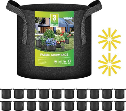 iPower 3 Gallon 20-Pack Grow Bags 300G Thick Nonwoven Aeration Fabric Pots Heavy Duty Plant Containers with Handles for Garden Planting, Black