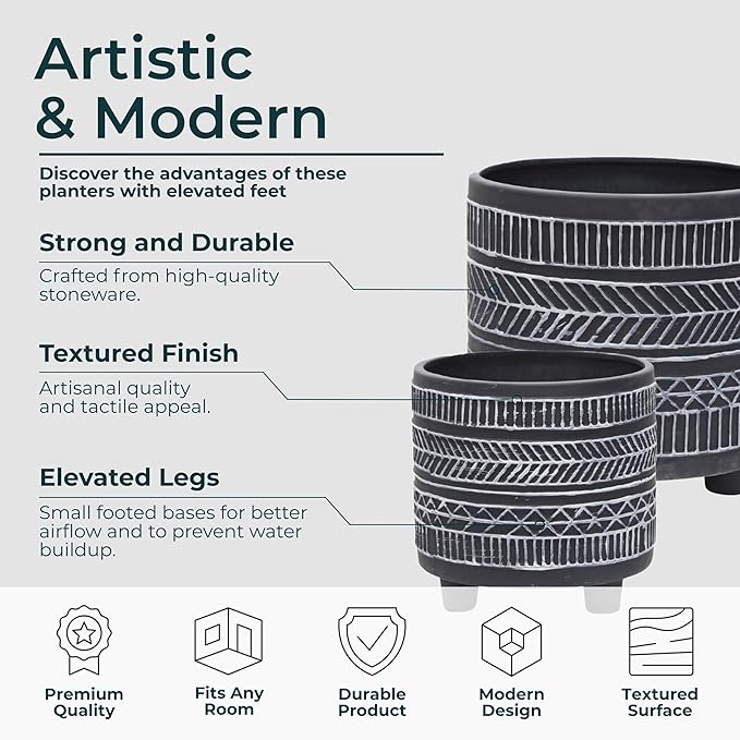 Set of 2 Tribal Look Footed Decorative Planter Pot – Ceramic Stoneware Outdoor and Indoor Plant Pot – Modern Garden and Home Decor Planters – 6" and 8", Black