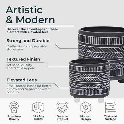 Set of 2 Tribal Look Footed Decorative Planter Pot – Ceramic Stoneware Outdoor and Indoor Plant Pot – Modern Garden and Home Decor Planters – 6" and 8", Black