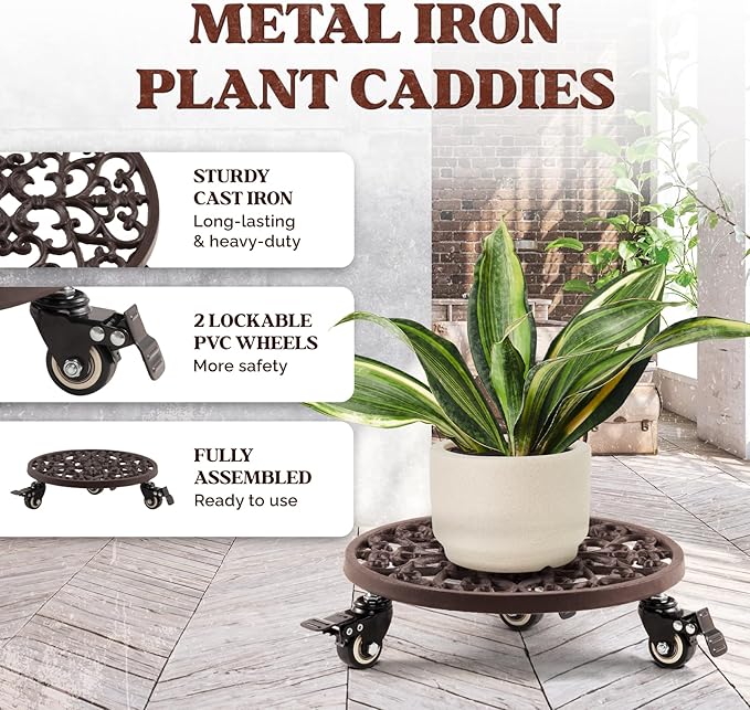 Idzo Capacity 350 lbs Plant Caddy with Wheels Heavy Duty Cast Iron Plant Stand with Lockable Wheels 12 Inch Classis Style Dark Brown