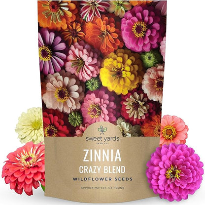 Zinnia Crazy Blend - Bulk 1/4 Pound Pouch - 15,000 Flower Seeds for Planting - Zinnia elegans