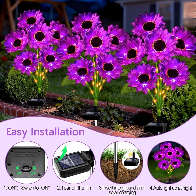 Solar Sunflower Lights Outdoor Garden Decor, 3 Pack Solar Purple Flowers Lights with 18 Sunflowers, Waterproof Fall Decor Stake Decorative Light Auto ON/Off for Garden Yard Patio, Gift for Women