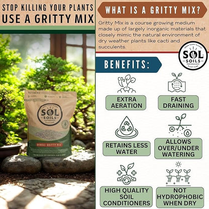 Sol Soils Gritty Bonsai Soil Potting Mix - Fast Draining and Peat Moss Free with Pine Bark, Granite, Pumice, & Calcined Clay for Indoor and Outdoor Plants - 1 Gallon