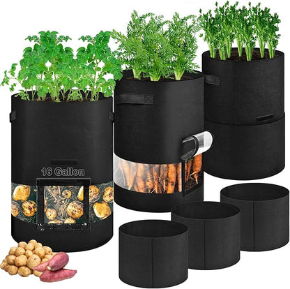 succulentlovers 3Pack 16 Gallon Potato Grow Bags with 360° Visibility, Plant Grow Bags Heavy Duty Thickened Nonwoven Fabric with Handles and Harvest Window Access Flap for Planting Vegetables Flowers