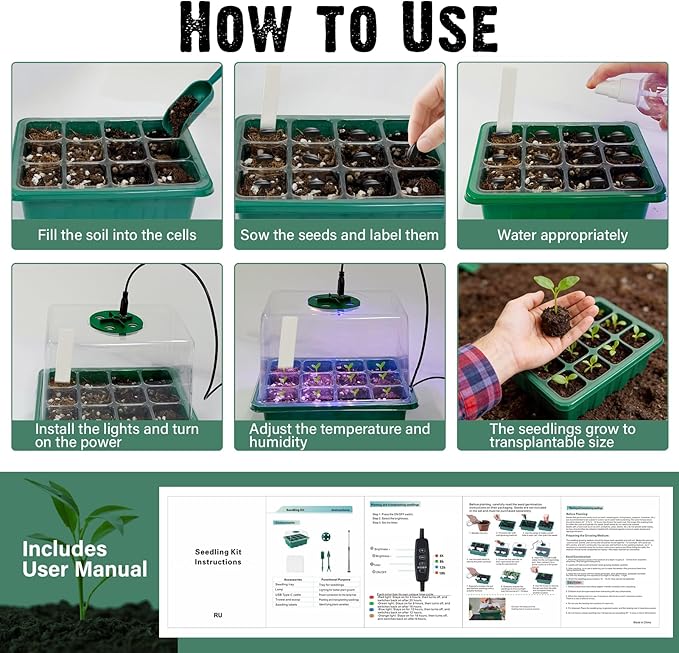 6 Pack Seed Starter Kit with Grow Light 72 Cells Plant Starter Trays with 3.9 Inch Adjustable Humidity Dome Reusable Indoor Plant Germination Tray for Gardening