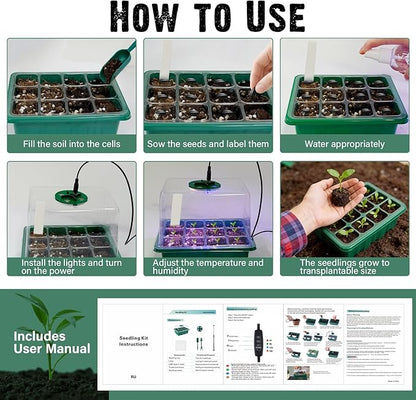 6 Pack Seed Starter Kit with Grow Light 72 Cells Plant Starter Trays with 3.9 Inch Adjustable Humidity Dome Reusable Indoor Plant Germination Tray for Gardening