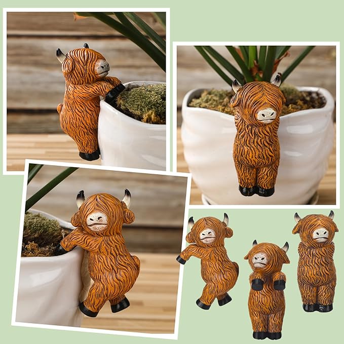 Set of 3 Flower Hugger Plant Decoration for Pot Highland Cow Resin Figurines Country Funny Animal Farmhouse Decorations for Planter Pots Hanging Farm Ornament Indoor Outdoor for Planter Lover