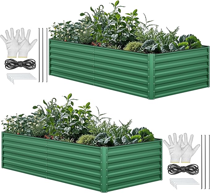 YITAHOME 6x3x2 ft 2pcs Galvanized Raised Garden Bed Kit, Large Metal Planter Box with Gloves & Support Rod, Outdoor Flower Bed for Plants Vegetables, Green