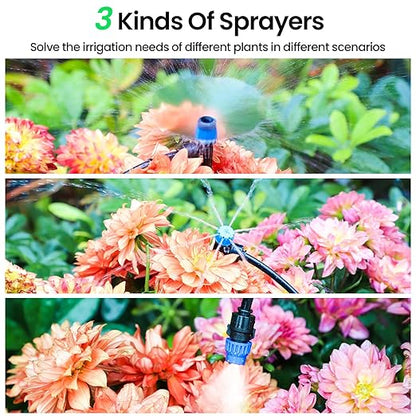 MIXC 247 FT Drip Irrigation System,Quick Connector Garden Watering System Automatic Sprinkler System Kit for Lawn Raised Bed Greenhouse Plant Watering System with 1/4'' Tubing,Drip Emitters,Connectors