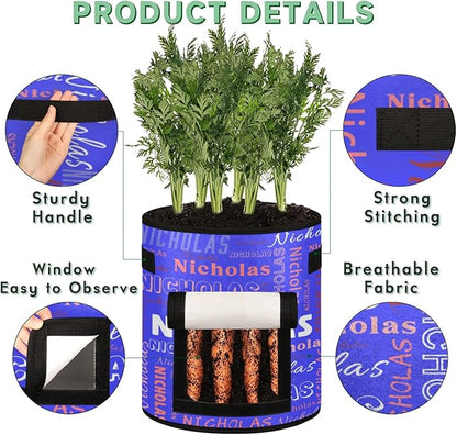 Custom Name Grow Bags 10 Gallon Personalized Breathable Potato Growing Bag with Flap Harvest Window and Handles Garden Planting Bag for Tomato Vegetable Fruits 2 Pack Neon Blue