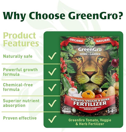 GreenGro Veggie, Herb, & Tomato Fertilizer - Outdoor & Indoor Plant Food for Edible Plants/Organic Fertilizer & Flower Food for Vegetable Garden/Improve Harvest with Vital Plant Nutrients (4 lb)