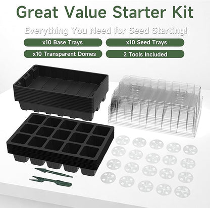 Gardzen 10-Pack Seed Starter Kits, Reusable Plant Germination Trays with Total 150-Cell, Seed Starter Tray with Humidity Vented Domes and Bases for Starting Vegetable Flower Herb Seeds 15" x 9"