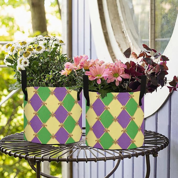 5 Gallon Mardi Gras Fleur De Lis Plaid Pattern Breathable Grow Bag Thickened Plant Pot Containers Bag with Handles for Garden Potato Tomato Flowers Fruits Vegetables