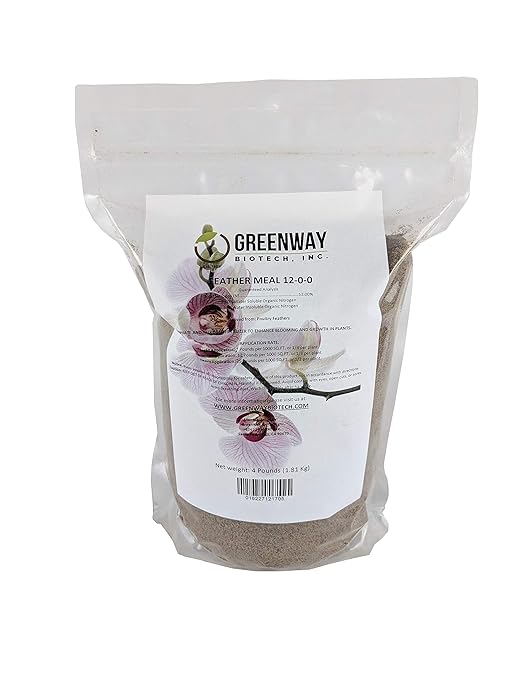 Greenway Biotech, Inc. Organic Feather Meal Fertilizer 12-0-0 Includes 12% Nitrogen Fertilizer for Compost- Free from Heavy Metals & Ideal for Flowers, Fruits, Vegetables, and Plants (4 Pounds)