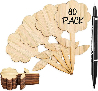 Whaline 60Pcs Flower-Type Bamboo Plant Labels with 1 Marker Pen Eco-Friendly Wooden Plant Sign Tag Wood Garden Marker Decorative Garden Tags for Seed Potted Herbs Flowers Vegetables (5 x 10 Cm)