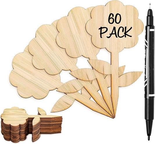 Whaline 60Pcs Flower-Type Bamboo Plant Labels with 1 Marker Pen Eco-Friendly Wooden Plant Sign Tag Wood Garden Marker Decorative Garden Tags for Seed Potted Herbs Flowers Vegetables (5 x 10 Cm)