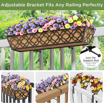 Y&M 30 inch Window Planter Box 4Pcs Iron Window Deck Railing Planter with Coco Liner, Metal Horse Troughs Fence Planter for Outdoor Balcony Rail Fence Porch Patio