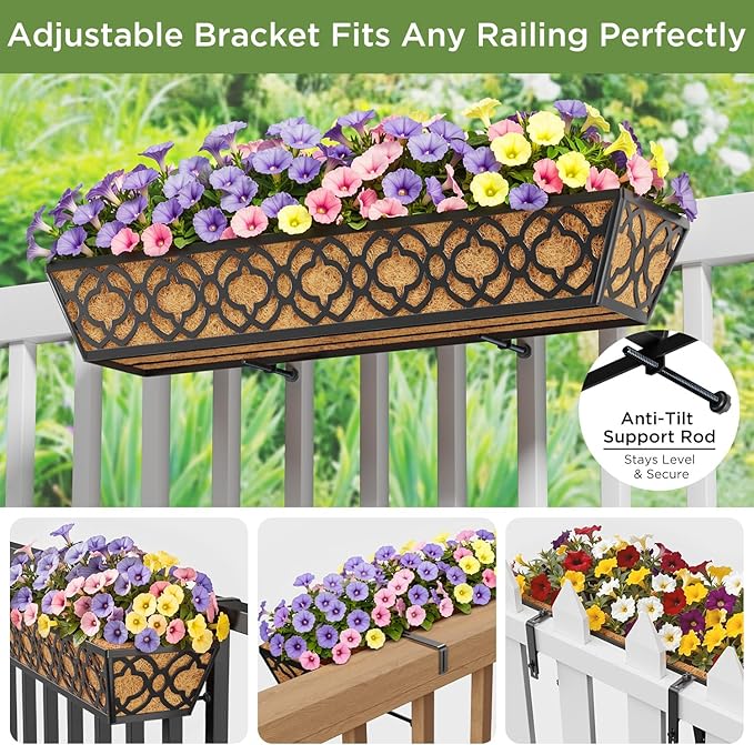 Y&M 2pcs 30" Window Boxes Horse Trough with Coconut Coir Liner,30 Inch Window Deck with Coco Liner, Black Metal Hanging Flower Planter Window Basket Deck Railing Planter Boxes for Outdoor Indoor
