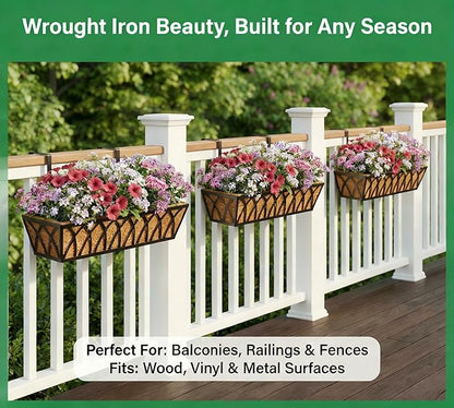 30 Inch Window Deck with Coco Liner, Fence Metal Hanging Flower Planter Window Basket Deck Railing Planter Boxes for Outdoor Garden Lawn，30" Window Boxes Horse Trough with Coconut Coir Liner, 2pcs