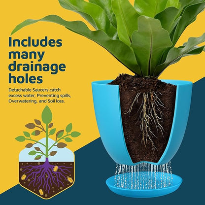 Blue Plant Pots with Drainage Holes & Saucers 20 Pack, Indoor & Outdoor Stackable Space-Saving Planters for Houseplants & Flowers, (7", 6.7", 6", 5.3", and 4.8" Inches), Durable & Weatherproof