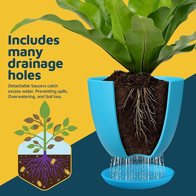 Blue Plant Pots with Drainage Holes & Saucers 10 Pack, Indoor & Outdoor Stackable Space-Saving Planters for Houseplants & Flowers, (7", 6.7", 6", 5.3", and 4.8" Inches), Durable & Weatherproof