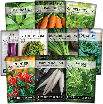 Sow Right Seeds - Asian Garden Seeds for Planting - Includes Basil, Celery, Bunching Onion, Yu Choy Sum, Eggplant, Pepper, Bok Choy, Tat SOI, Radish and Carrot - Non-GMO Heirloom Varieties