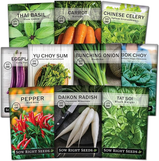 Sow Right Seeds - Asian Garden Seeds for Planting - Includes Basil, Celery, Bunching Onion, Yu Choy Sum, Eggplant, Pepper, Bok Choy, Tat SOI, Radish and Carrot - Non-GMO Heirloom Varieties