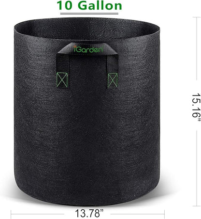 iGarden Grow Bags Tall, 10 Gallon Grow Pots 6 Pack with Handles, Heavy Duty 320G Thickened Nonwoven Fabric Plant Bag for Vegetables, Black