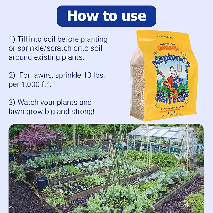 Neptune’s Harvest Organic Crab & Lobster Shell Multi-Purpose Plant Food (5-3-0) - 12 LB Resealable Bag - Rich in Nutrients Soil Fertilizer - Plant Food for Lawns, Gardens, and Vegetables