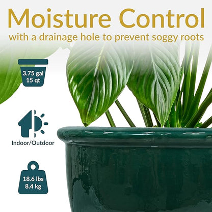 Sunnydaze Large Ceramic Plant Pot - Round Outdoor Glazed Ceramic Planter Pot with Drainage - Chalet -Dark Green - 14.5"