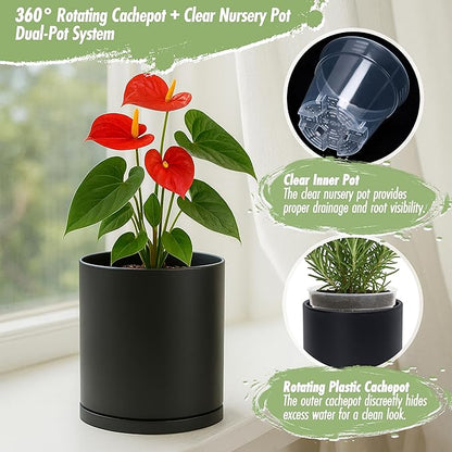 D'vine Dev Double-Layer Planter Set – Rotating Plastic Cachepot with Clear Inner Liner for Root Health, Perfect for Indoor Plants, 6.5", Black, 73-U-B-2