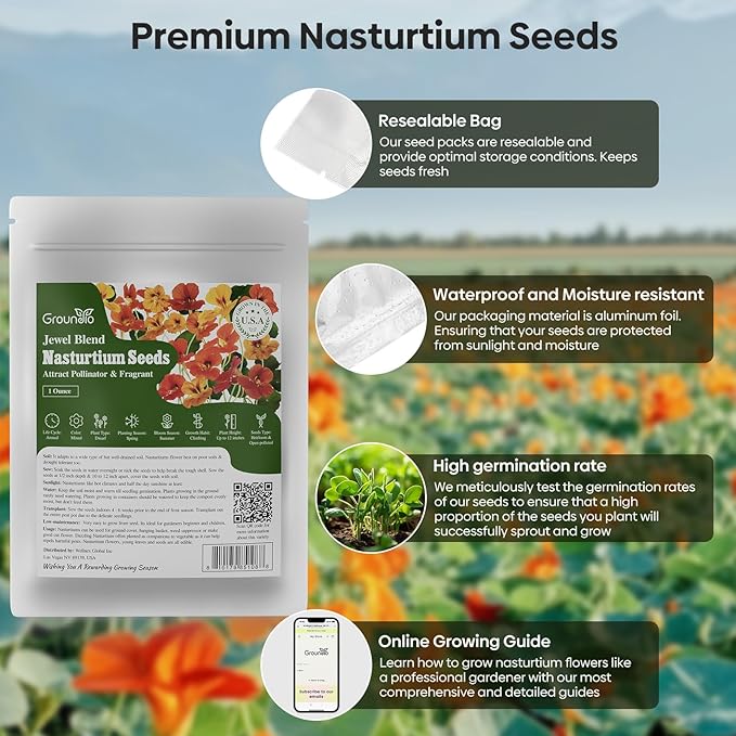 Nasturtium Seeds, 1 Ounce Large Packet 200+ Seeds, Climbing Nasturtium Flower in 3 Colors, Non-GMO | Heirloom | Edible Flower | Attract Pollinators (Orange, Red, Yellow), USDA 2-11