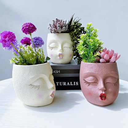 Cute Face Planter Pot Handmade Head Planter for Succulent Resin Flower Pots Kiss Face Plant Pots for Indoor and Outdoor Plants Brown 1Pack