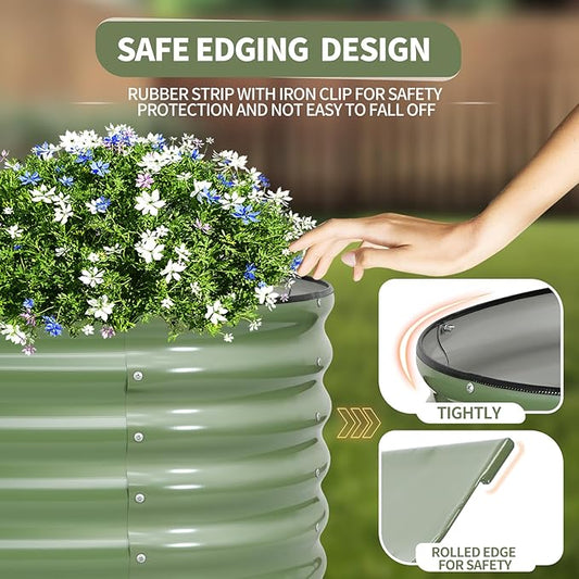 Galvanized Raised Garden Bed - 4x2x1.4FT Metal Planter Boxes Outdoor | Oval Steel Raised Bed Kit for Gardening with Protective Tape, Gloves for Vegetables, Flower, Herb (Green)