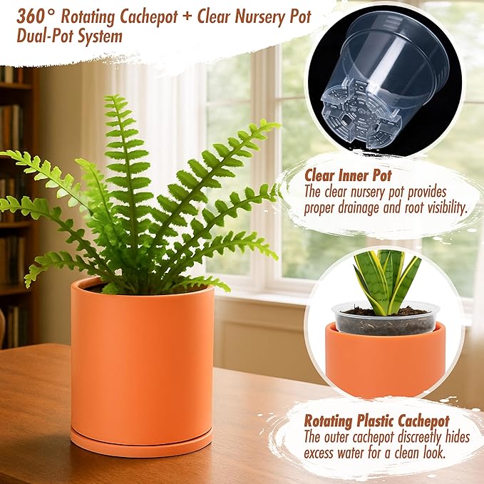 D'vine Dev Double-Layer Planter Set – Rotating Plastic Cachepot with Clear Inner Liner for Root Health, Perfect for Indoor Plants, 6.5", Pumpkin, 73-U-E-2