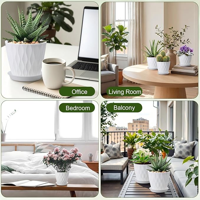 24 Pack 4 Inch Plant Pots Bulk Small Pots for Succulents Waffle Texture Plastic Planter with Drainage Holes and Saucers for Indoor Outdoor Plants Flowers, Seedlings (White)