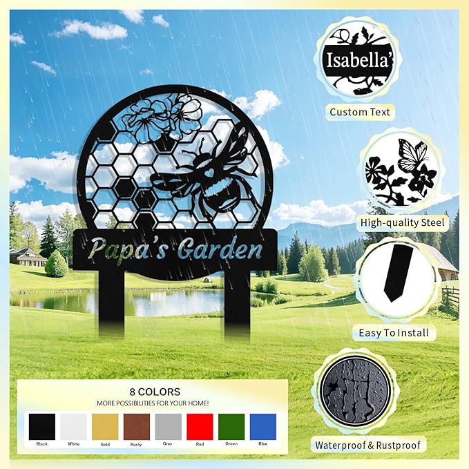 Custom Metal Bee Garden Sign with Stake, Personalized Garden Signs for Outside, Customized Garden Name Signs for Yard Lawn Outdoor Decor Gardening Gifts for Moms Grandmas Gardeners