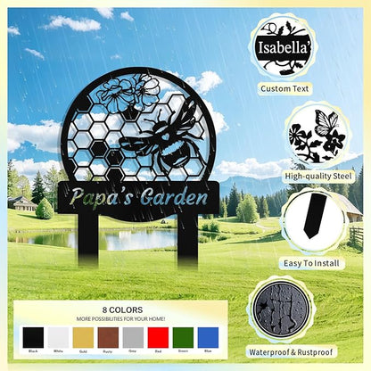 Custom Metal Bee Garden Sign with Stake, Personalized Garden Signs for Outside, Customized Garden Name Signs for Yard Lawn Outdoor Decor Gardening Gifts for Moms Grandmas Gardeners