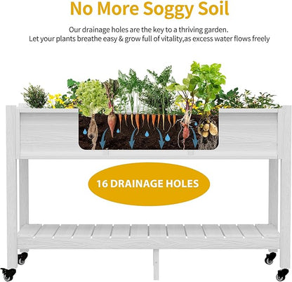DWVO 47x18x3in Raised Garden Bed HDPE Outdoor with Legs and Lockable Wheels, Weather-Resistant Poly-Wood Elevated Planter Box, Double Tier Planters for Backyard Patio Balcony, White