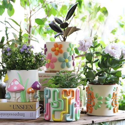GUGUGO Colorful Mushrooms Planters Cute Unique Rainbow Planter with Drainage, Vintage Retro Flower Plant pots for Indoor Plants, Eclectic Succulent Gardening Pot for Boho Modern Home Décor (C,5 Inch)