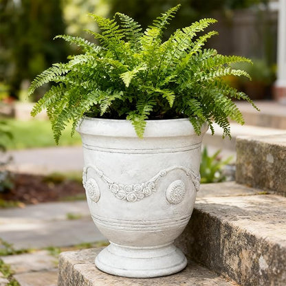 Planters for Indoor & Outdoor Plants, 16.5 Inch Large Magnesium Oxide Urn Planter with Drainage Hole, Decorative Unique Garden Plant Pots for Front Porch & Home Decor, Lightweight, White