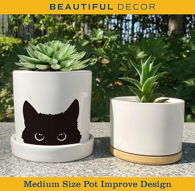 4.3'' Black Cat Ceramic Succulent Pot, Cute Cat Plant Pot with Drainage Hole & Ceramic Tray, Funny Home Office Cactus Planter
