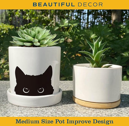 4.3'' Black Cat Ceramic Succulent Pot, Cute Cat Plant Pot with Drainage Hole & Ceramic Tray, Funny Home Office Cactus Planter