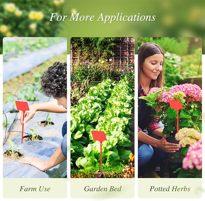 Marsui 202 Pcs Large Plant Labels Kit, Include 100 Outdoor Plastic Plant T Type Tags Waterproof Reusable Plant Markers Stakes, 100 PET Films and 2 Marker Pens for Herbs Pot(Red,6 Inch)