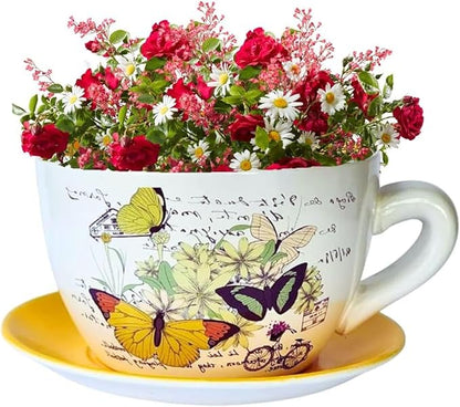 7.5" Round Ceramic Teacup Shape Planter Pot with Saucer for Succulents Orchids Herbs Cactus Indoor Houseplants Flowers Yellow Butterfly Teacup Planter