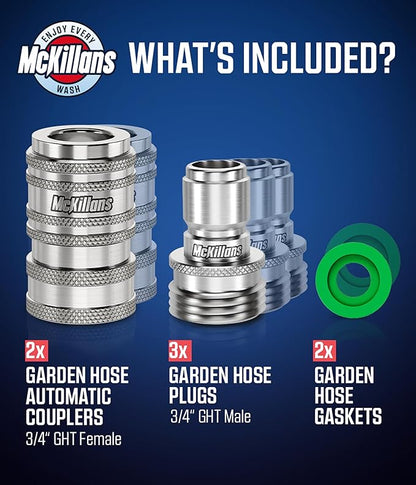 McKillans® 2025 Automatic Garden Hose Quick Connect [UNIVERSAL FIT] - Stainless Steel Quick Connect Hose Fittings - Water Hose Connectors - Quick Disconnect Adapter - INSTANT CONNECTION - 5 Pc Kit
