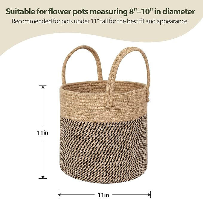Round Wicker Basket with Handle, 11" Woven Jute Plant Basket for 10" Pot, Indoor Boho Tree Planter, Decorative Flower Pot Cover, Rustic Holder for Plants, Shoe Bin for Entryway, Black Stripes